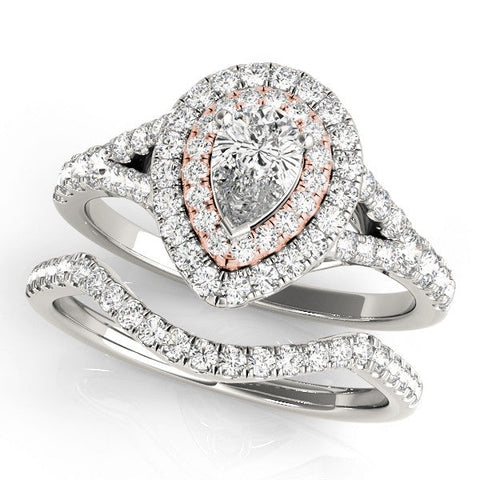 Rose gold Double Halo Pear-Shaped Split Shank Diamond Ring with Prong Setting