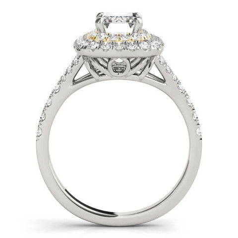 Yellow gold Double Halo Round Cut Diamond Split Shank Ring with Four Prong Setting