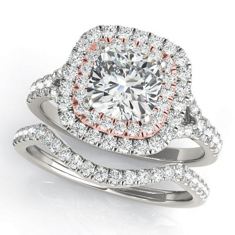 Rose gold Emerald Cut Double Halo Pave Band Prong Setting Ring