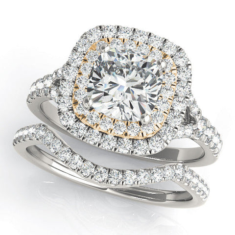 Yellow gold Cushion Cut Double Halo Pave Band Prong Setting Ring