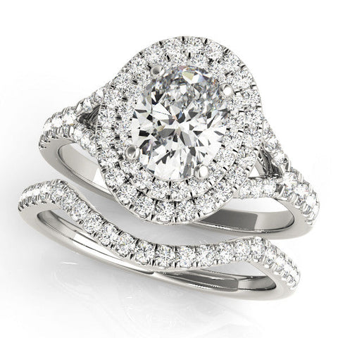 Platinum Double Halo Oval Cut Split Shank Diamond Ring with Four-Prong Setting