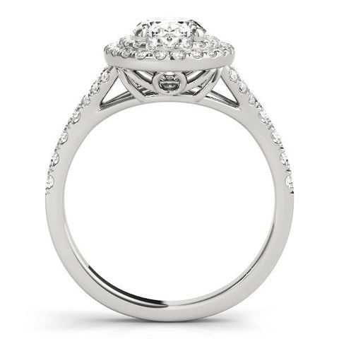 Platinum Double Halo Oval Cut Split Shank Diamond Ring with Four-Prong Setting