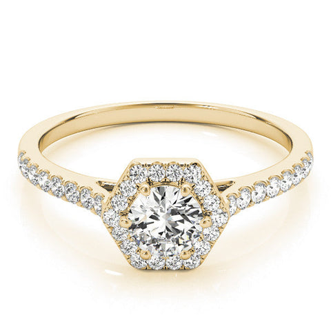 Yellow gold Hexagonal Halo Round Diamond Pavé Band with Four-Prong Setting