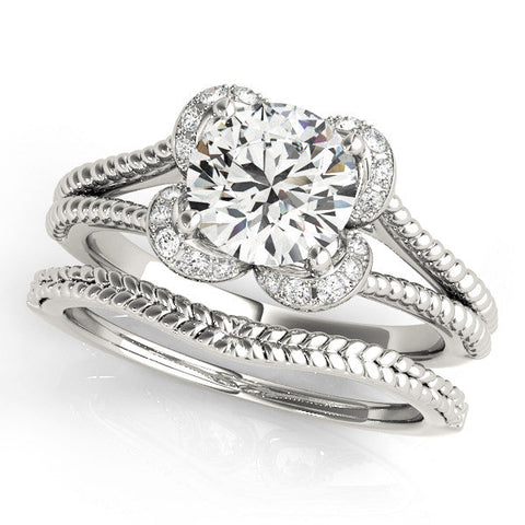 Silver Round Halo Milgrain Solitaire with Split Shank and Four-Prong Setting