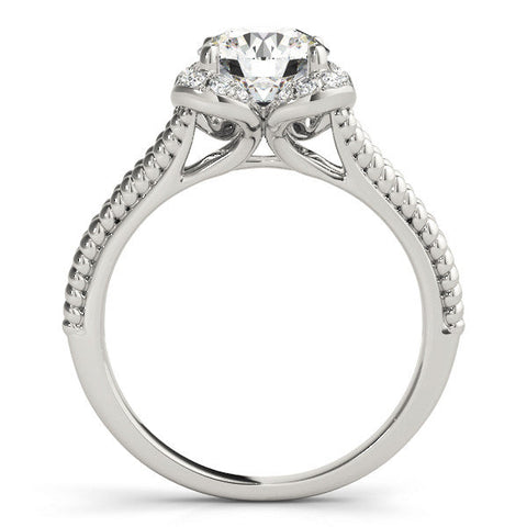 Silver Round Halo Milgrain Solitaire with Split Shank and Four-Prong Setting