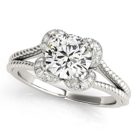 Silver Round Halo Milgrain Solitaire with Split Shank and Four-Prong Setting