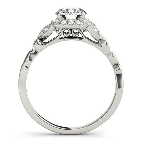 Platinum Round Halo Diamond Engagement Ring with Vintage-Inspired Band and Four-Prong Setting