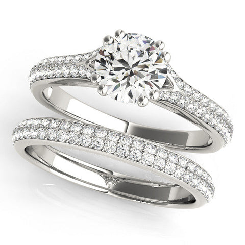 White gold Round Solitaire Pave Split Shank Engagement Ring with Six-Prong Setting