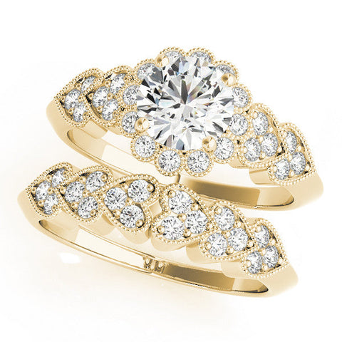Yellow gold Round Brilliant Milgrain Pave Heart Band Solitaire Ring