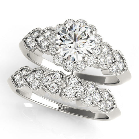 White gold Round Brilliant Milgrain Pave Heart Band Solitaire Ring
