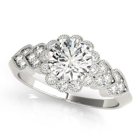 White gold Round Brilliant Milgrain Pave Heart Band Solitaire Ring