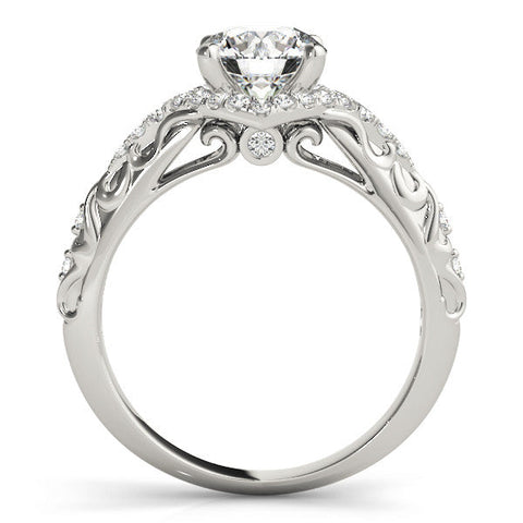 Platinum Round Cut Solitaire Diamond Ring with Pave Band and Four-Prong Setting