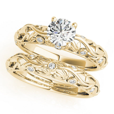 Yellow gold Round Solitaire Diamond Leaf Vine Band with Prong Setting