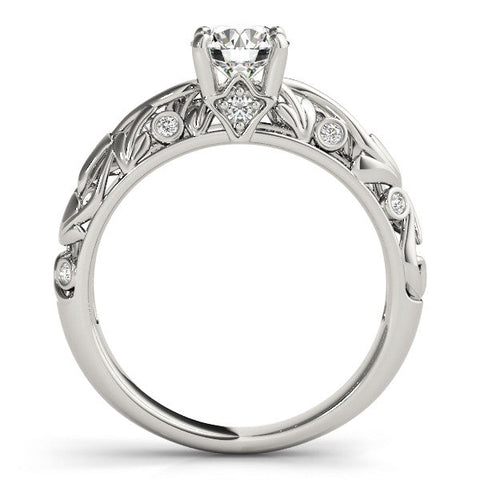 Silver Round Solitaire Diamond Leaf Vine Band with Prong Setting
