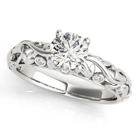 Silver Round Solitaire Diamond Leaf Vine Band with Prong Setting