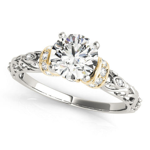 Yellow gold Heart Solitaire Diamond Ring with Filigree Band and Four-Prong Setting