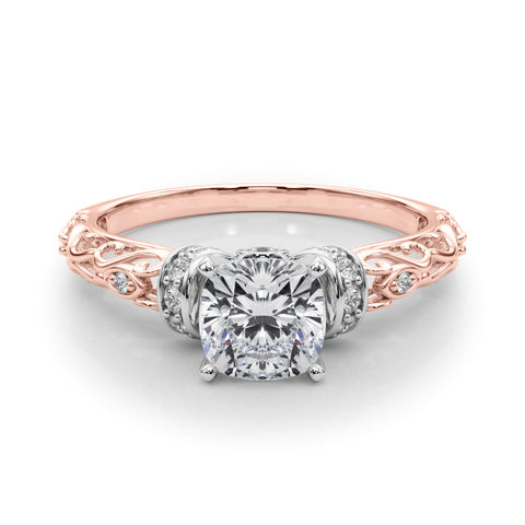 Rose gold Cushion Solitaire Diamond Ring with Filigree Band and Four-Prong Setting