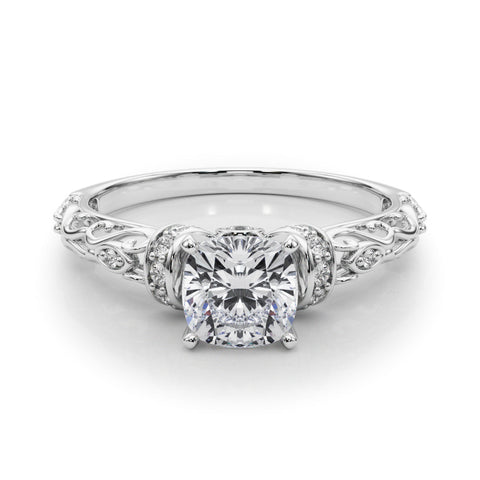 White gold Cushion Solitaire Diamond Ring with Filigree Band and Four-Prong Setting