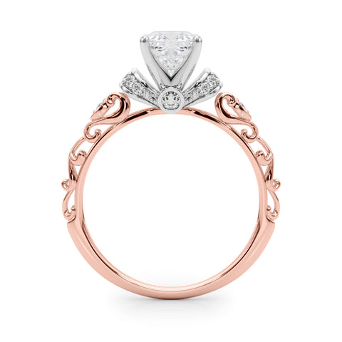 Rose gold Cushion Solitaire Diamond Ring with Filigree Band and Four-Prong Setting