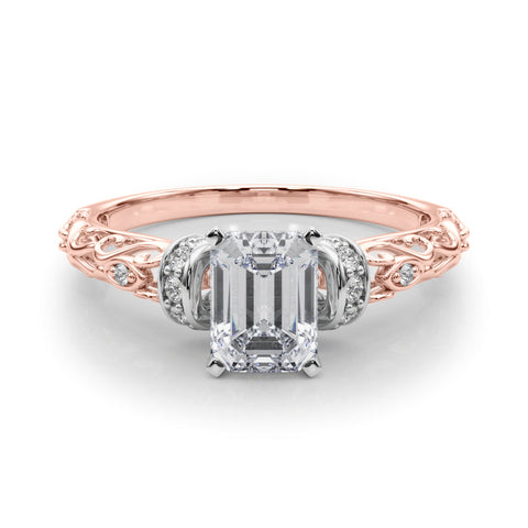 Rose gold Emerald Solitaire Diamond Ring with Filigree Band and Four-Prong Setting