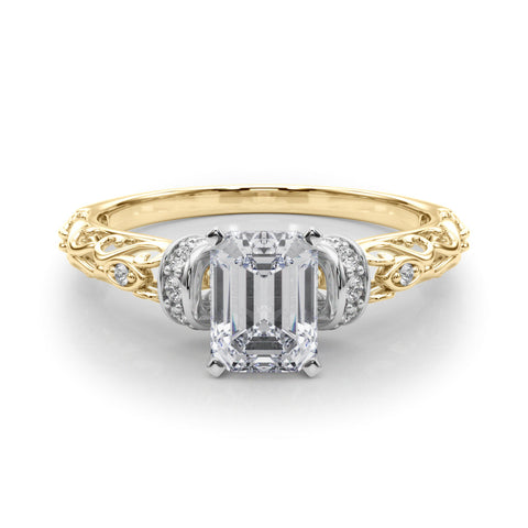 Yellow gold Radiant Solitaire Diamond Ring with Filigree Band and Four-Prong Setting