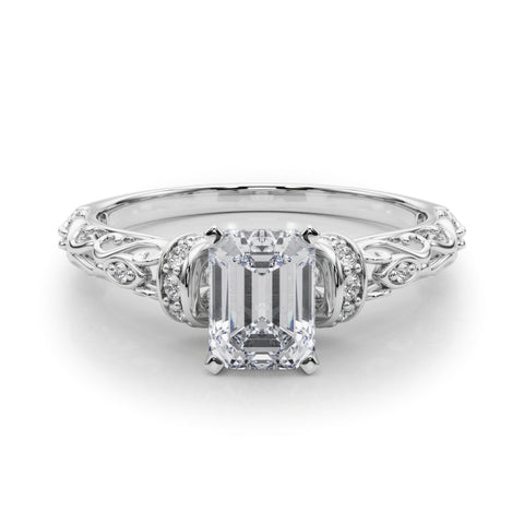 White gold Emerald Solitaire Diamond Ring with Filigree Band and Four-Prong Setting