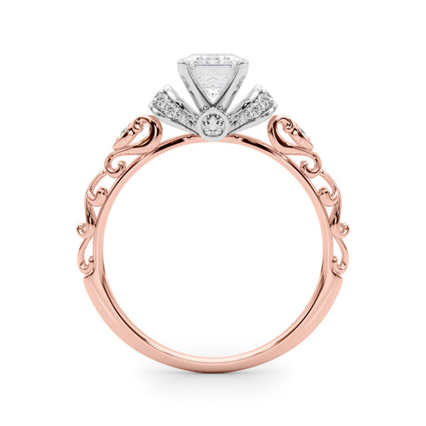 Rose gold Radiant Solitaire Diamond Ring with Filigree Band and Four-Prong Setting