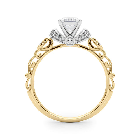 Yellow gold Radiant Solitaire Diamond Ring with Filigree Band and Four-Prong Setting