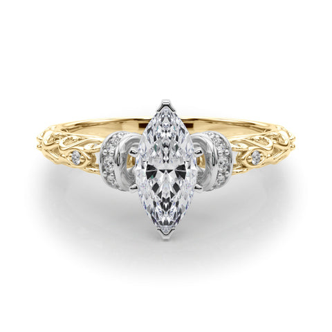 Yellow gold Marquise Solitaire Diamond Ring with Filigree Band and Four-Prong Setting