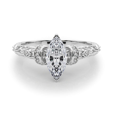 White gold Marquise Solitaire Diamond Ring with Filigree Band and Four-Prong Setting