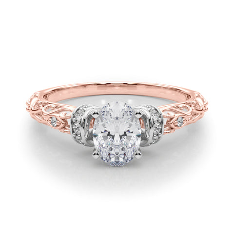 Rose gold Oval Solitaire Diamond Ring with Filigree Band and Four-Prong Setting