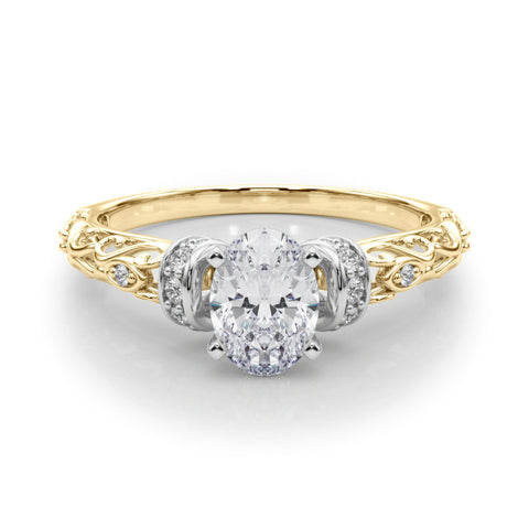 Yellow gold Oval Solitaire Diamond Ring with Filigree Band and Four-Prong Setting