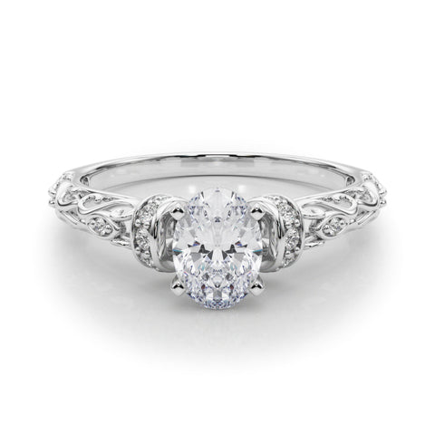 White gold Oval Solitaire Diamond Ring with Filigree Band and Four-Prong Setting