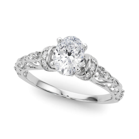 White gold Oval Solitaire Diamond Ring with Filigree Band and Four-Prong Setting