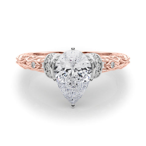 Rose gold Pear Solitaire Diamond Ring with Filigree Band and Four-Prong Setting