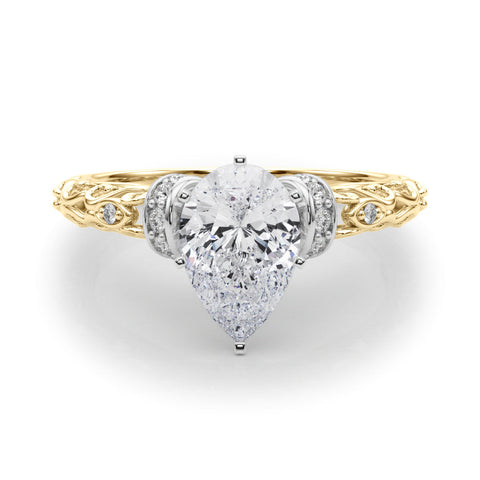 Yellow gold Pear Solitaire Diamond Ring with Filigree Band and Four-Prong Setting