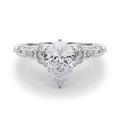 White gold Pear Solitaire Diamond Ring with Filigree Band and Four-Prong Setting