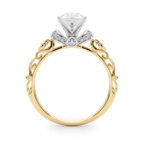 Yellow gold Pear Solitaire Diamond Ring with Filigree Band and Four-Prong Setting
