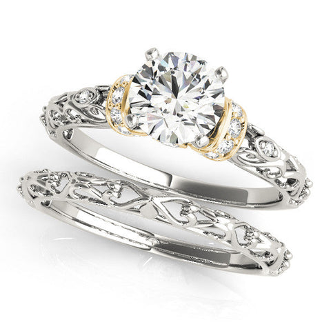 Yellow gold Heart Solitaire Diamond Ring with Filigree Band and Four-Prong Setting