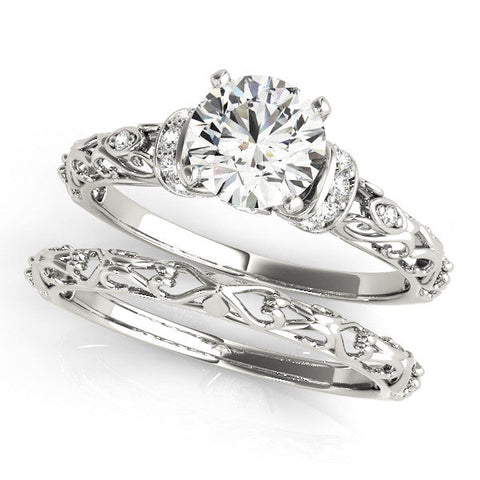 Silver Heart Solitaire Diamond Ring with Filigree Band and Four-Prong Setting