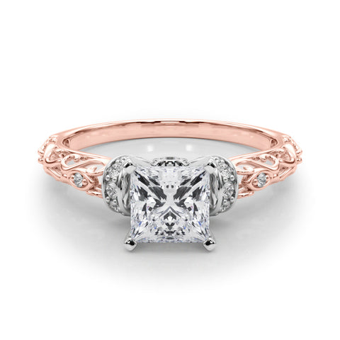 Rose gold Princess Solitaire Diamond Ring with Filigree Band and Four-Prong Setting