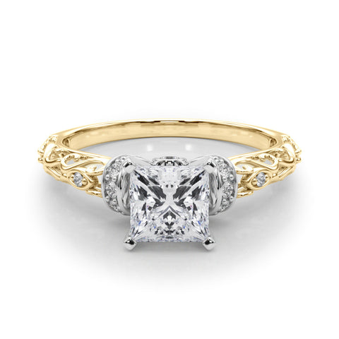 Yellow gold Princess Solitaire Diamond Ring with Filigree Band and Four-Prong Setting