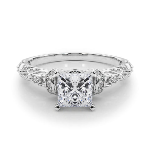 Silver Princess Solitaire Diamond Ring with Filigree Band and Four-Prong Setting