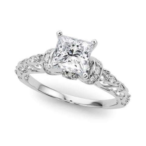 Silver Princess Solitaire Diamond Ring with Filigree Band and Four-Prong Setting