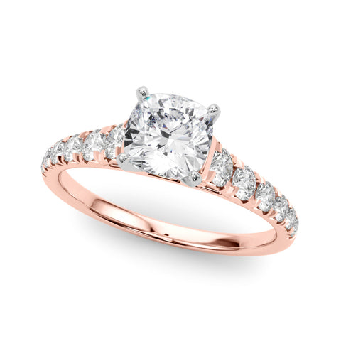 Rose gold Cushion Cut Diamond Solitaire with Pave Band and Four-Prong Setting