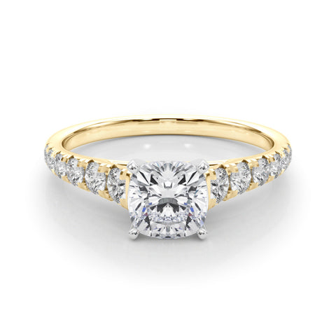 Yellow gold Cushion Cut Diamond Solitaire with Pave Band and Four-Prong Setting