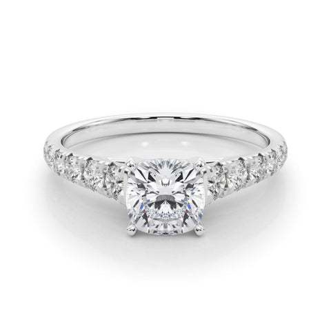 Silver Cushion Cut Diamond Solitaire with Pave Band and Four-Prong Setting