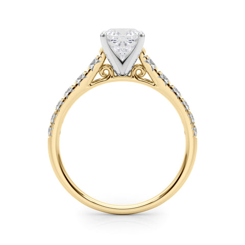 Yellow gold Cushion Cut Diamond Solitaire with Pave Band and Four-Prong Setting