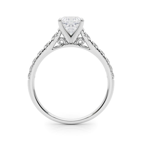 Silver Cushion Cut Diamond Solitaire with Pave Band and Four-Prong Setting