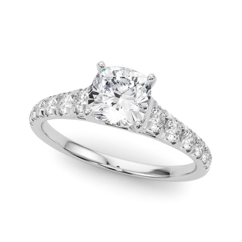 Silver Cushion Cut Diamond Solitaire with Pave Band and Four-Prong Setting